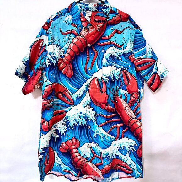 Lobster Cotton Mens Button Down Bowling Shirt Size 3X 3XL Hawaiian Aloha Red - Picture 1 of 8